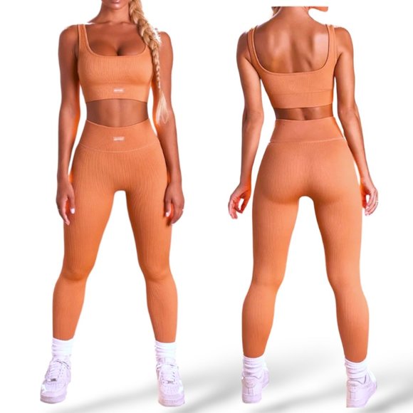 Boo + Tee caramel workout set of ribbed gym bra top and high waisted leggings L - Picture 1 of 3